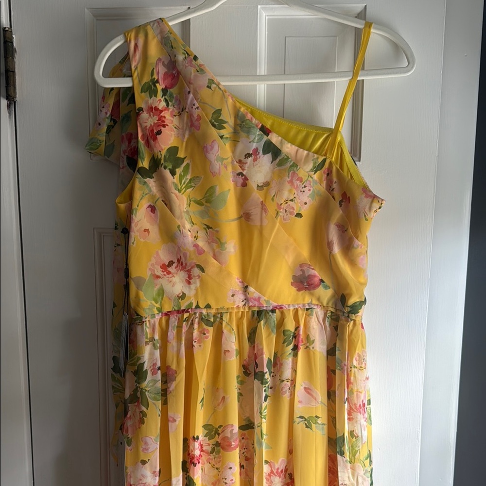 Adrianna Papell Yellow Multi Floral One-Shoulder Gown